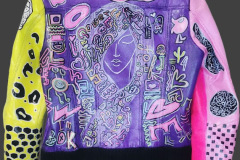 Jachetă statement din piele naturală vintage, pictată manual în stil street-art cu influențe pop & urban