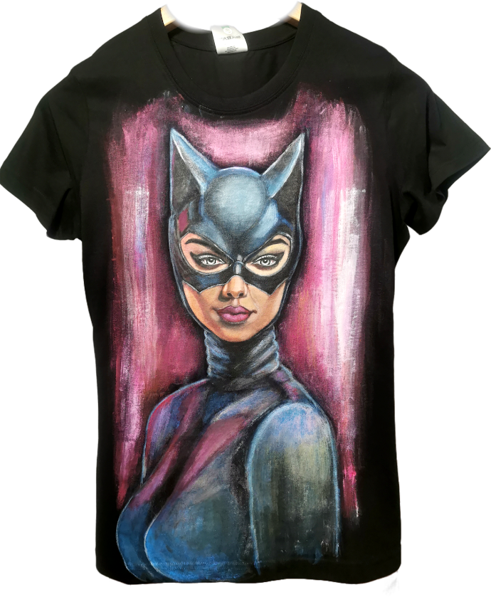 Tricou negru pictat manual – Catwoman