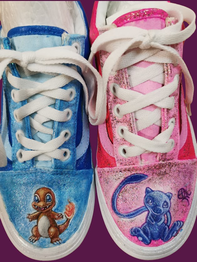 Sneakers Vans pictați manual – Charmander & Mew – unicat, mărimea 37 EU