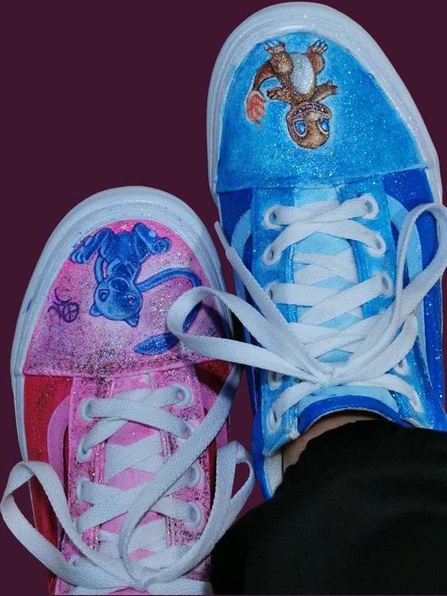 Sneakers Vans pictați manual – Charmander & Mew – unicat, mărimea 37 EU