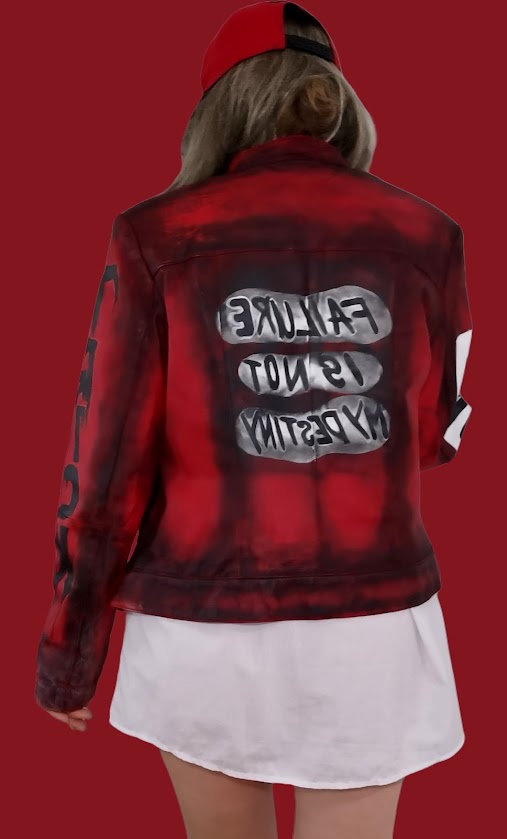 Jachetă pictată manual din piele naturală – “FAILURE IS NOT MY DESTINY” – unicat, mărimea 40 EU, unisex